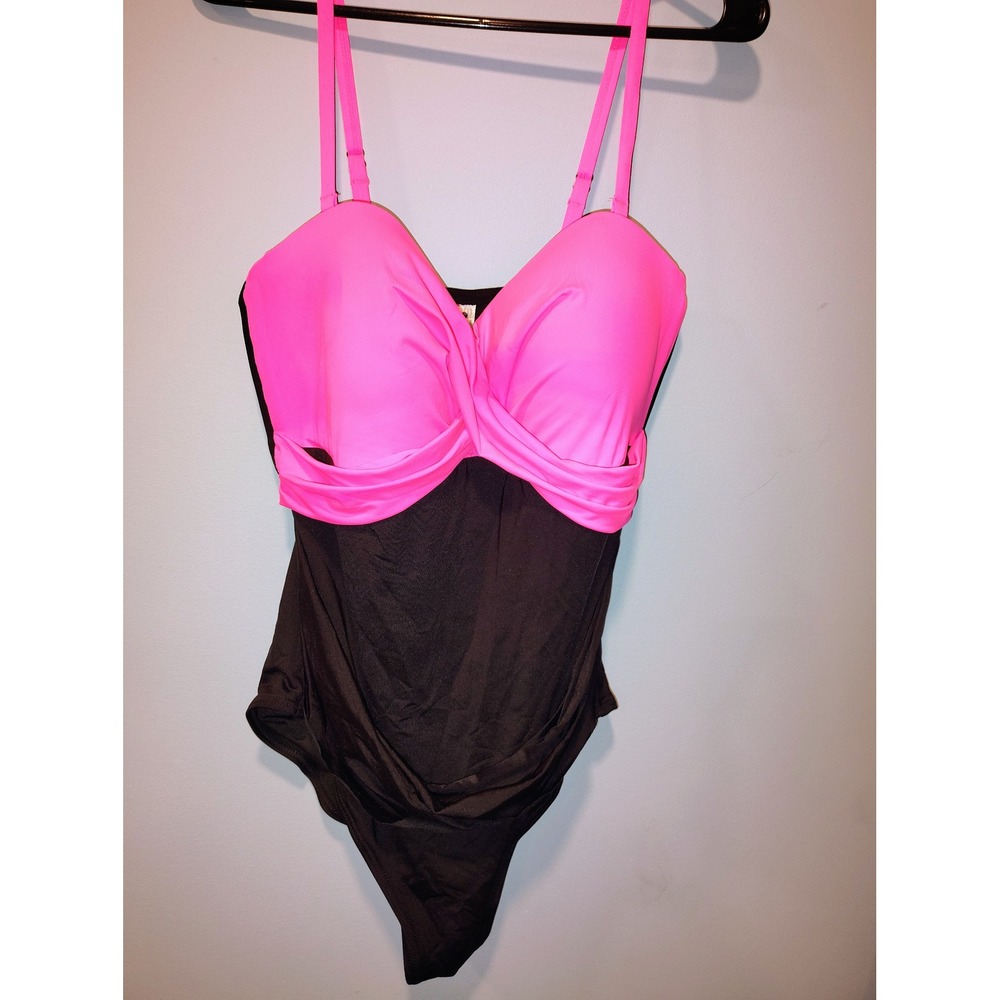 Holipick Womens XL Neon Pink Black Twist Front Ruched One Piece Swimsuit Padded